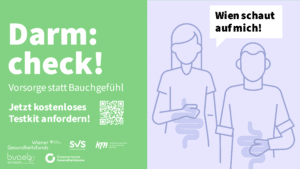 Information zur Darmkrebsfrüherkennung in Wien, zwei gleichgroße Farbflächen, lins steht mit weißer Schrift auf blas grünem Hintergrund die Infos zum Programm in der Steiermark, auf der rechtenscheit ist das Feld blass lila, darauf zu sehen sind die Outlines einer Frau und eines Mannes (Illustriert) die ihre Hand auf den Bauch halten, darunter ist ein Darm zu sehen.